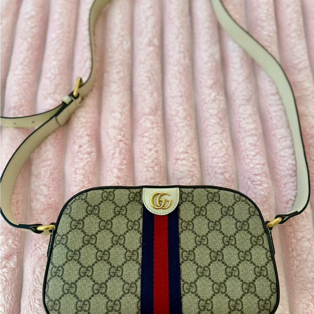 Authentic Gucci Beige and Blue Crossbody Bag comes with dust bag